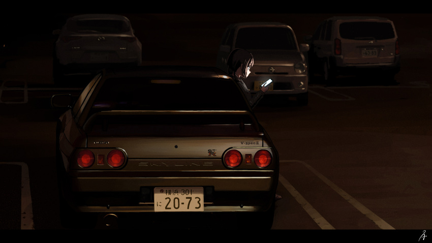 1girl absurdres brown_hair cellphone from_behind ground_vehicle highres holding holding_phone license_plate long_sleeves motor_vehicle night nissan nissan_skyline_gt-r original parking_lot phone rudeko32 short_hair smartphone tail_lights vehicle_focus