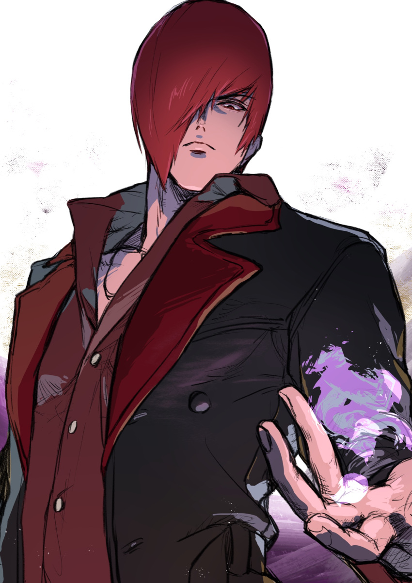 1boy bangs beniazumaru closed_mouth fire hair_over_one_eye highres jacket jewelry looking_at_viewer necklace purple_fire pyrokinesis red_eyes red_hair red_jacket shirt short_hair simple_background solo the_king_of_fighters upper_body white_background yagami_iori