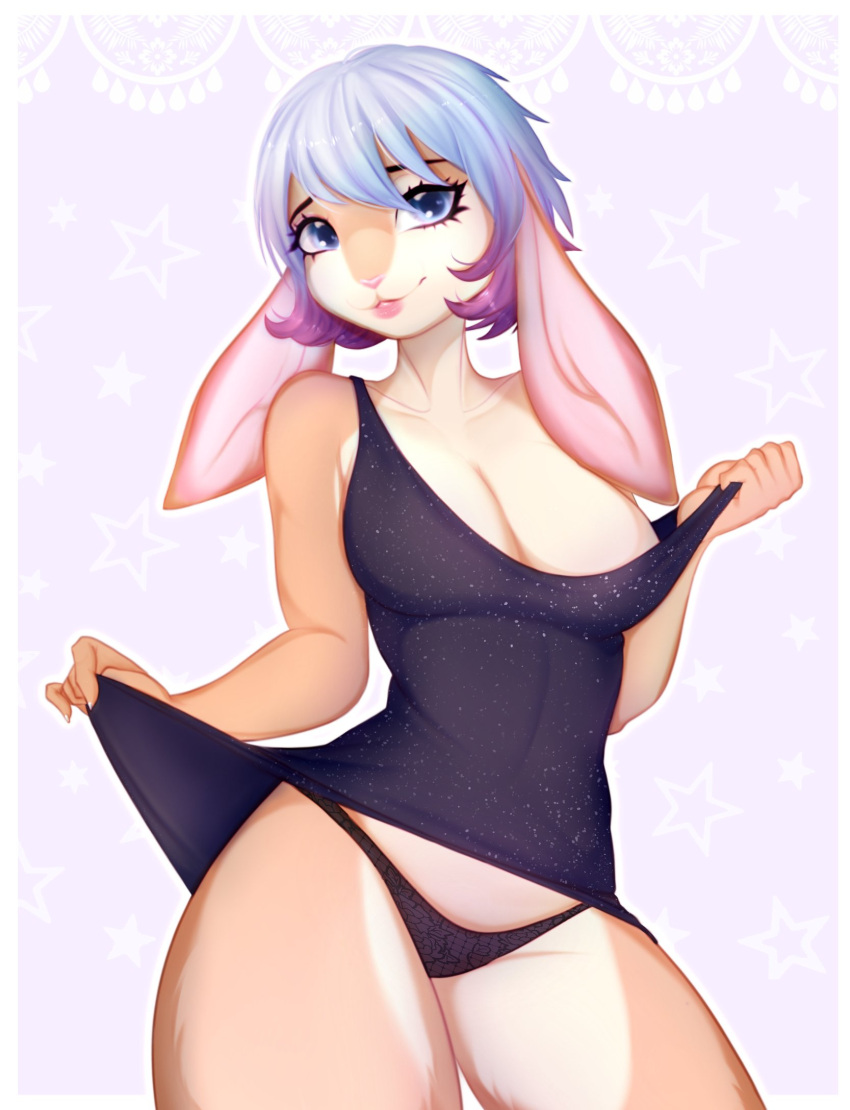 2021 anthro bambolbi blue_eyes blue_hair breasts cleavage clothed clothing clothing_lift digital_media_(artwork) dress dress_lift eyelashes female gradient_hair hair hi_res lagomorph leporid looking_at_viewer mammal mochibun_(mugelbbub16) multicolored_hair panties pattern_background portrait purple_hair rabbit shaded simple_background solo three-quarter_portrait two_tone_hair underwear