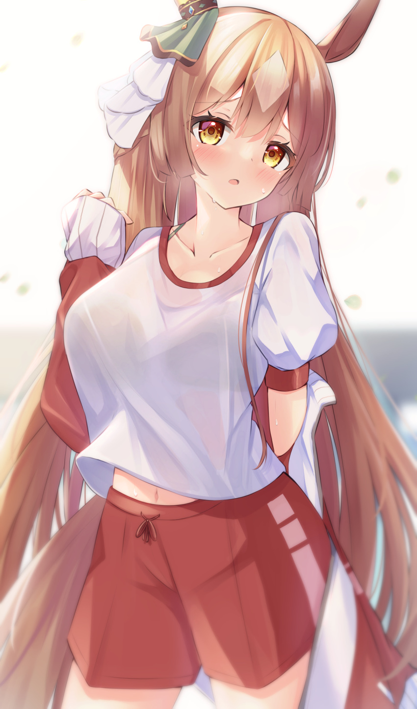 alternate_costume aonu_koru blush breasts brown_hair closed_mouth commentary_request hair_ornament highres horse_girl jacket large_breasts looking_at_viewer navel satono_diamond_(umamusume) shorts simple_background sweat track_jacket umamusume white_background yellow_eyes