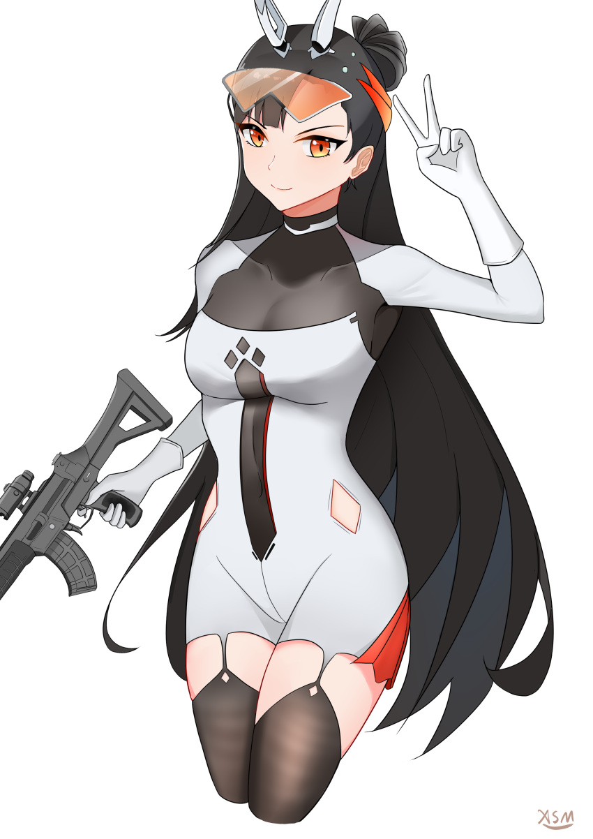 1girl absurdres arm_up artist_name assault_rifle bangs black_hair black_legwear bodystocking breasts cleavage collarbone cropped_legs dress eyebrows_visible_through_hair eyewear_on_head girls'_frontline gloves gun hair_bun highres holding holding_gun holding_weapon long_hair long_sleeves medium_breasts orange_eyes qbz-191 qbz-191_(girls'_frontline) rifle safety_glasses solo standing thighhighs very_long_hair weapon white_background white_dress white_gloves xue_shiming