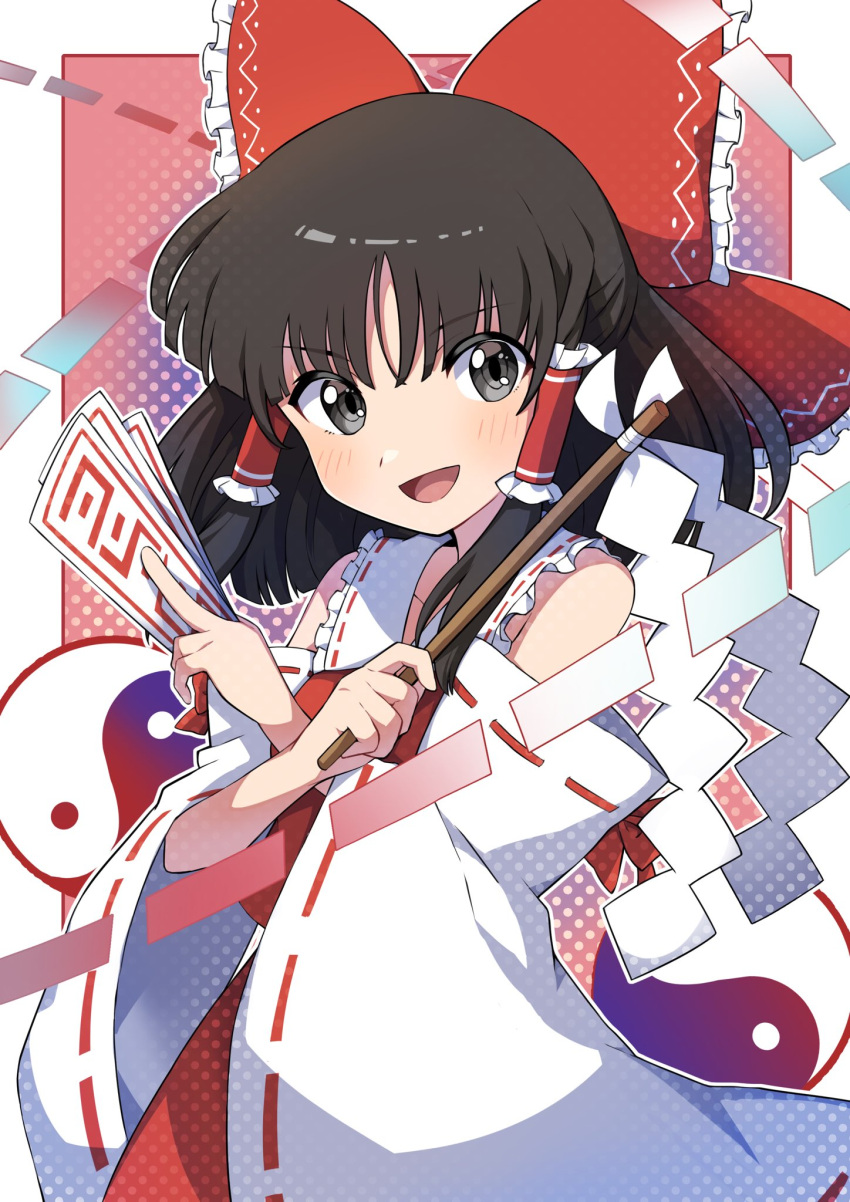 1girl :d ascot bangs bare_shoulders between_fingers black_eyes black_hair blush bow collar collarbone commentary_request detached_sleeves flat_chest frilled_bow frilled_collar frills gohei hair_bow hakurei_reimu highres holding holding_stick long_sleeves looking_at_viewer medium_hair miz_(mizillustration) nontraditional_miko ofuda open_mouth orb outside_border red_bow red_ribbon red_skirt red_vest ribbon ribbon-trimmed_sleeves ribbon_trim skirt smile solo stick tongue touhou vest white_sleeves wide_sleeves wing_collar yellow_ascot yin_yang yin_yang_orb