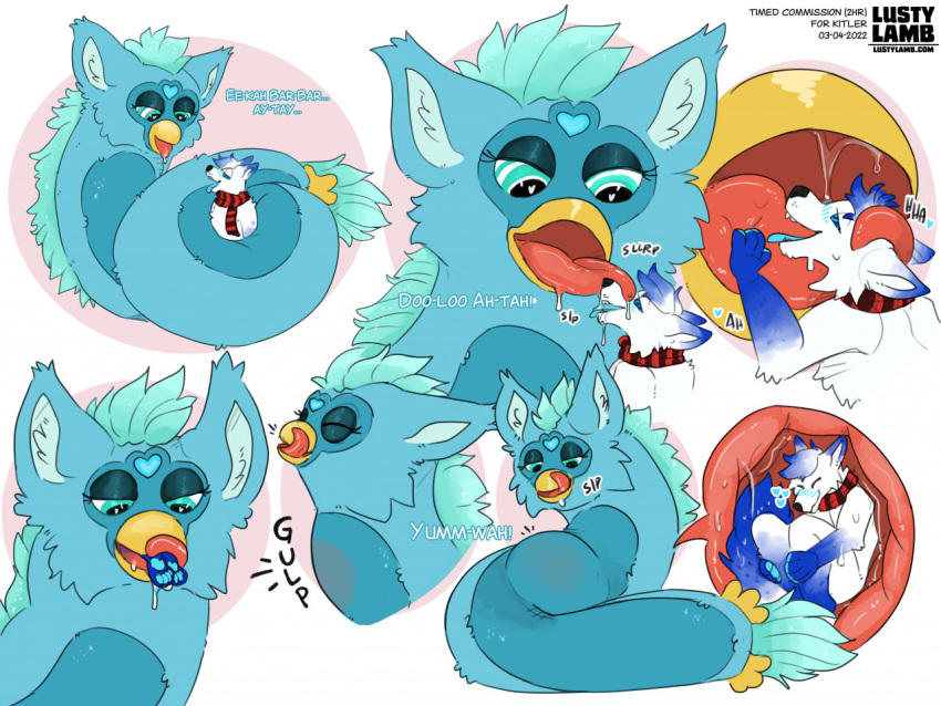 abdominal_bulge ambiguous_gender anthro beak canid canine coiling conditional_dnp duo face_lick feral fox furby hypnosis internal kitler licking long_furby lustylamb male mammal mawplay mind_control oral_vore size_difference slurp soft_vore swallowing swallowing_bulge tongue tongue_out vore