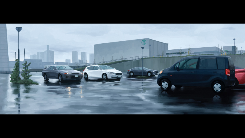 absurdres building car cloud cloudy_sky commentary_request grey_sky ground_vehicle headlight highres lamppost motor_vehicle nissan_skyline no_humans original outdoors parking_lot rain reflection rudeko32 scenery sky skyscraper tail_lights tokyo_(city) vehicle_focus wide_shot
