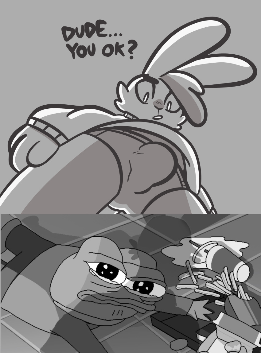 absurd_res amphibian anthro black_and_white bodily_fluids briefs buckteeth bulge cheek_tuft clothing crying duo facial_tuft fast_food food frog greyscale hi_res humor joke lagomorph leporid looking_down low-angle_view male male/male mammal meme monochrome narrowed_eyes pepe_the_frog rabbit simple_background sweater tears teeth the_xing1 topwear tuft underwear worm's-eye_view