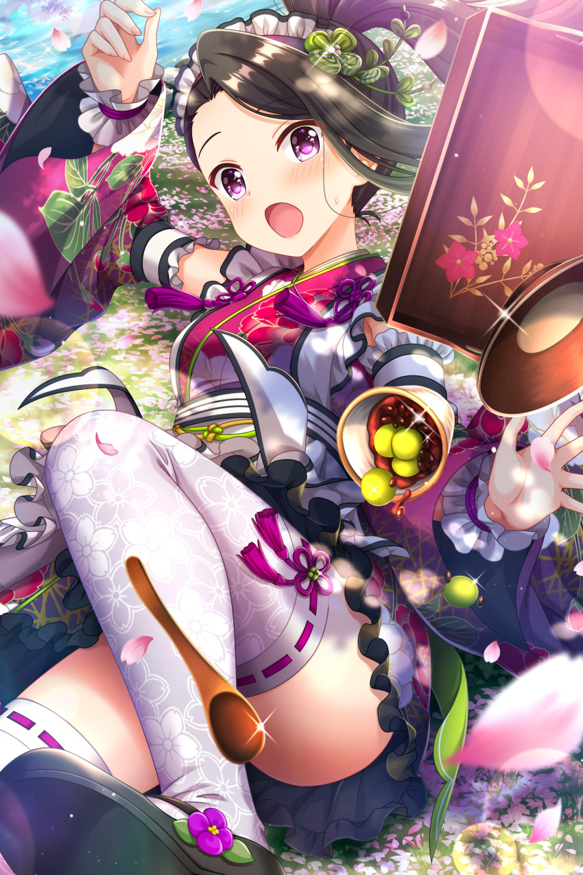 1girl :o absurdres alternative_girls black_hair bowl cup day eyebrows_visible_through_hair field floral_print flower flower_field highres looking_at_viewer official_art open_mouth ponytail purple_eyes saionji_rei solo spoon white_legwear