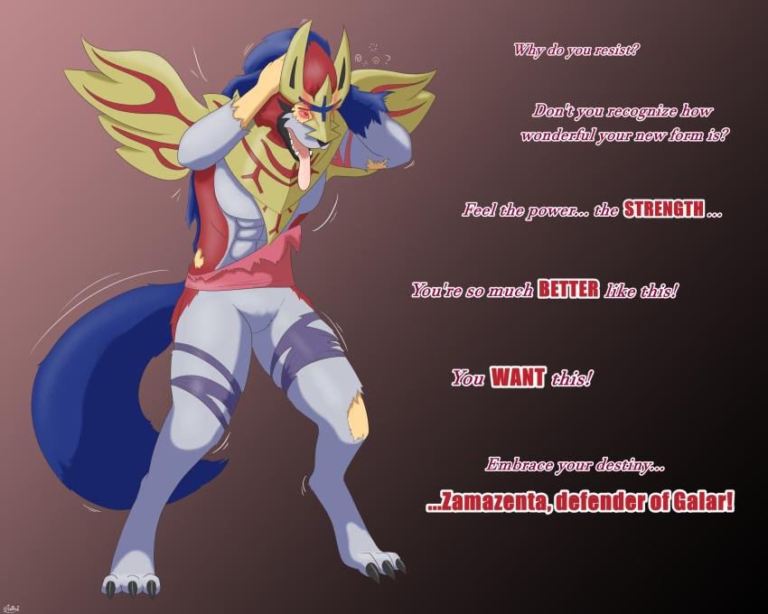 abs absurd_res black_nose blue_body blue_fur clothing dialogue diethyl digitigrade english_text fur hi_res legendary_pok&eacute;mon looking_up male mind_control nintendo pok&eacute;mon pok&eacute;mon_(species) simple_background solo standing text tongue tongue_out torn_clothing video_games zamazenta