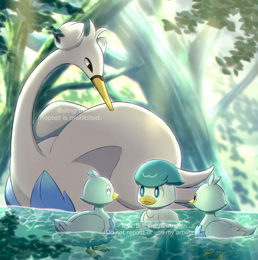 afloat animal_focus bird black_eyes bright_pupils commentary_request day duck ducklett fuyu_(utngrtn) highres no_humans open_mouth outdoors pokemon pokemon_(creature) quaxly smile swanna water watermark white_pupils