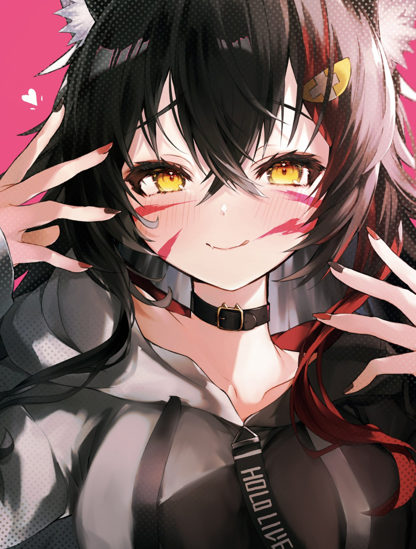 1girl animal_(vocaloid) animal_ear_fluff animal_ears bangs black_choker black_hair black_hoodie black_nails blush breasts choker cleavage facepaint grey_hoodie hair_between_eyes hair_ornament hands_up highres hololive hood hood_down hoodie large_breasts long_hair long_sleeves looking_at_viewer masi_masio multicolored_hair multicolored_nails nail_polish ookami_mio red_hair red_nails simple_background smile solo streaked_hair upper_body virtual_youtuber yellow_eyes