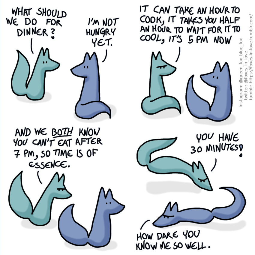 1:1 ? blue_body blue_fox_(foxes_in_love) blue_fur blue_tail canid canine comic dialogue duo english_text exclamation_point feral fox foxes_in_love fur green_body green_fox_(foxes_in_love) green_fur green_tail hi_res male_(lore) mammal shadow simple_background text url