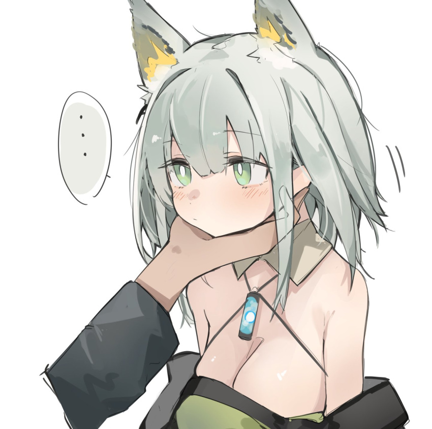 ... 1girl 1other animal_ears arknights bare_shoulders blush breasts bright_pupils cat_ears cleavage disembodied_limb green_eyes hand_on_another's_chin highres kal'tsit_(arknights) large_breasts long_hair mikojin silver_hair simple_background solo_focus speech_bubble spoken_ellipsis upper_body white_background