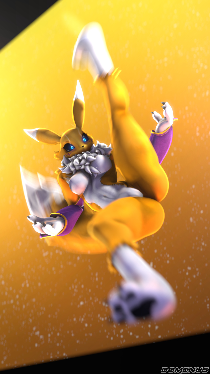 3d_(artwork) anthro bandai_namco canid canine digimon digimon_(species) digital_media_(artwork) dominussfm female flying_kick fox hi_res kick looking_at_viewer mammal renamon solo source_filmmaker suspended_in_midair