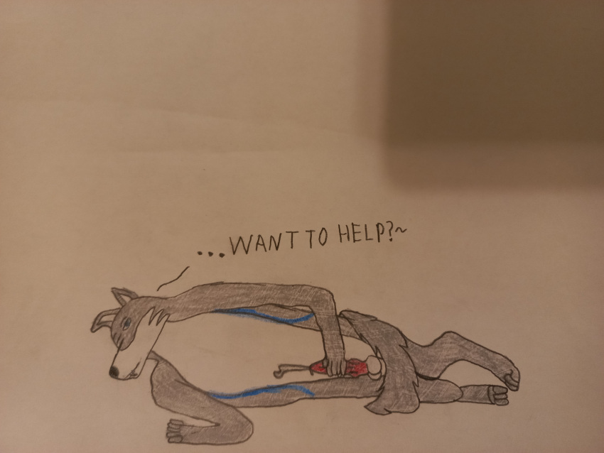 absurd_res anthro balls bite biting_lip bodily_fluids canid canine canis cum cum_on_penis cumshot ear_droop ejaculation fur genital_fluids genitals help hi_res knot limp_tail looking_at_viewer looking_back looking_pleasured male mammal penis solo wolf