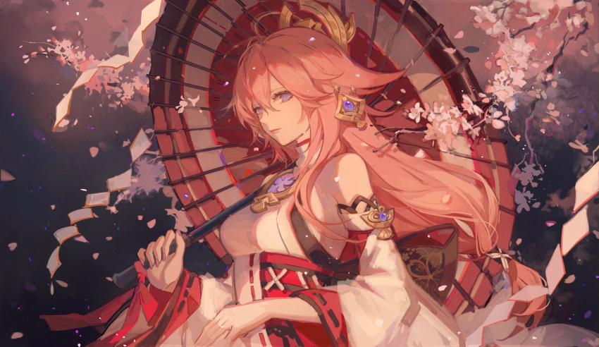 1girl absurdres antenna_hair bare_shoulders branch cherry_blossoms detached_sleeves genshin_impact halterneck highres japanese_clothes long_hair looking_at_viewer looking_to_the_side night on_shoulder petals pink_hair purple_eyes solo umbrella wide_sleeves wind yae_miko zerotabi1210