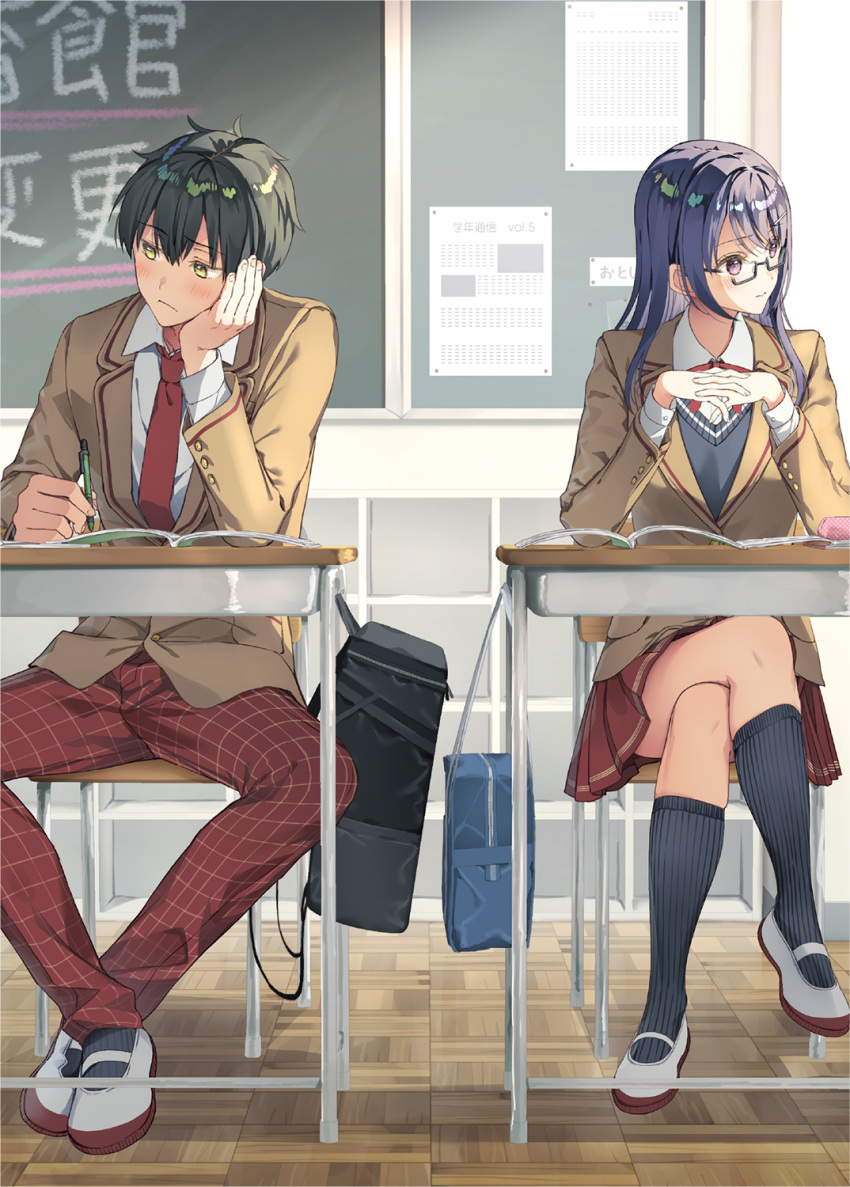 1boy 1girl asahina_hikage bag bangs black_bag black_hair black_sweater blazer blue_bag blush brown_jacket chair classroom collared_shirt commentary_request copyright_request crossed_legs desk eyebrows_visible_through_hair glasses hair_between_eyes hand_on_own_face highres holding holding_pencil indoors interlocked_fingers jacket loafers long_hair necktie official_art original pants pencil pleated_skirt purple_eyes red_necktie red_pants red_ribbon red_skirt ribbon school_bag school_uniform shirt shoes short_hair sitting skirt sweater white_footwear white_shirt yellow_eyes