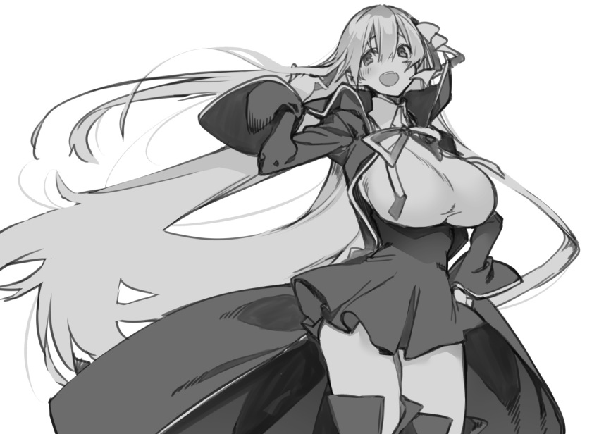 10mo 1girl arm_up bangs bb_(fate) bb_(fate/extra) black_coat black_skirt blush breasts coat fate/grand_order fate_(series) gloves hair_between_eyes hair_ribbon hand_in_hair hand_on_hip high-waist_skirt large_breasts leotard long_hair long_sleeves looking_at_viewer monochrome neck_ribbon open_clothes open_coat open_mouth popped_collar ribbon skirt smile solo very_long_hair white_gloves white_leotard wide_sleeves