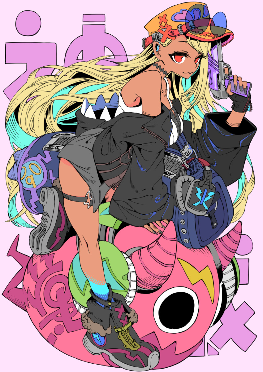 1girl black_footwear black_jacket blue_hair breasts colored_inner_hair dark-skinned_female dark_skin eyewear_on_headwear from_side grey_skirt gun hair_behind_ear handgun headphones highres holding holding_gun holding_weapon hood hooded_jacket jacket kaminari_qpi leaning_forward long_hair looking_at_viewer medium_breasts multicolored_hair orange_eyes pistol purple_background skirt solo sunglasses tank_top tetsu_booya very_long_hair virtual_youtuber vspo! weapon white_tank_top