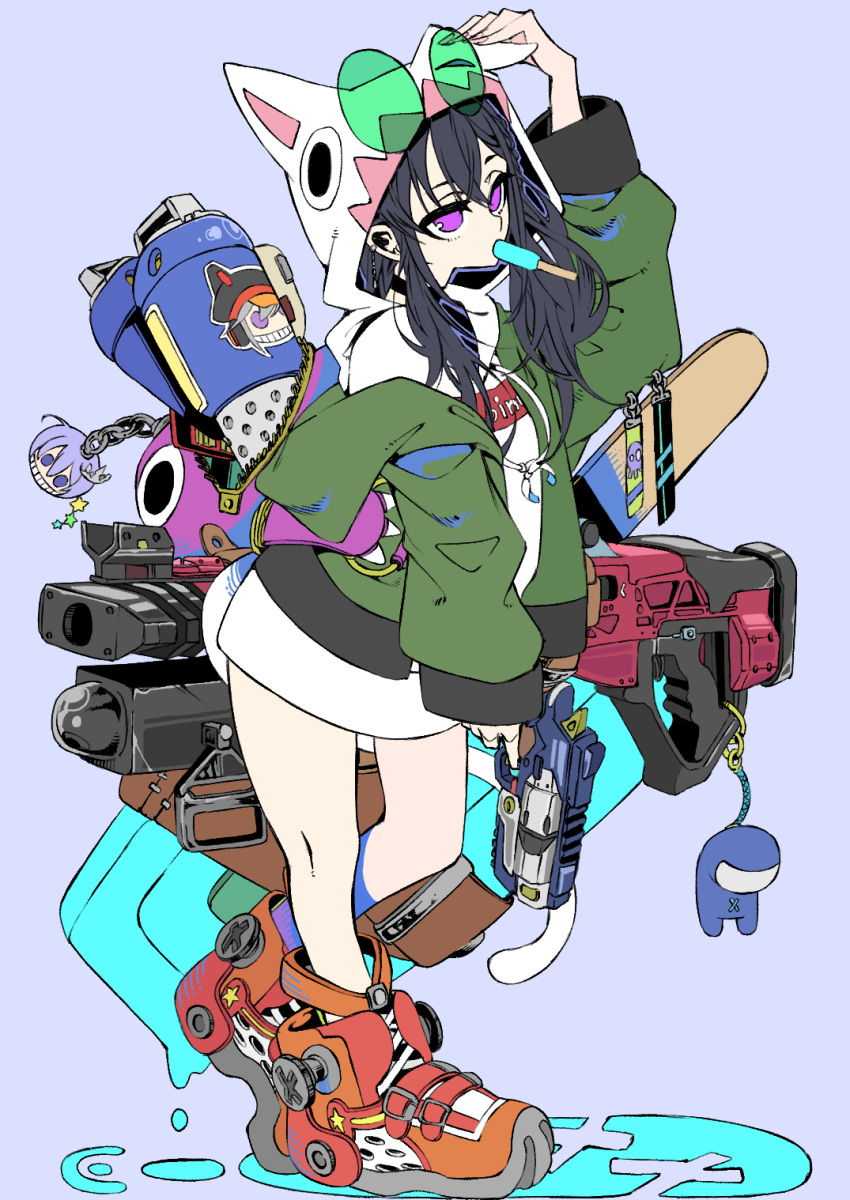 1girl among_us apex_legends b3_wingman backpack bag black_hair blue_(among_us) crewmate_(among_us) energy_gun eyewear_on_head green_jacket gun handgun highres holding holding_gun holding_weapon hood hood_up hoodie ichinose_uruha jacket keychain komori_met leaning_forward long_hair lupinus_virtual_games m1904_mastiff merise off_shoulder purple_background red_footwear revolver shirayuki_reid shotgun solo sunglasses tetsu_booya v_ap_art virtual_youtuber vspo! weapon white_hoodie