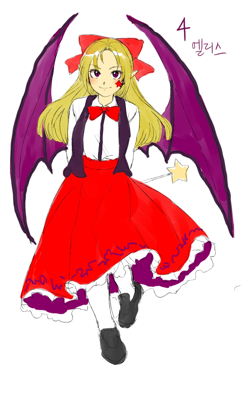 1girl absurdres arms_behind_back bat bat_wings black_footwear blonde_hair bow bowtie breasts closed_mouth collared_shirt commentary_request derivative_work elis_(touhou) eyebrows_visible_through_hair eyelashes facial_mark frilled_skirt frills full_body hair_bow happy highly_responsive_to_prayers highres korean_commentary kuya_(hey36253625) loafers long_hair long_skirt long_sleeves looking_at_viewer medium_breasts pink_bow pointy_ears purple_eyes purple_vest red_bow red_bowtie red_skirt shirt shoes simple_background skirt smile star_(symbol) star_wand touhou touhou_(pc-98) translation_request vest wand white_background white_legwear white_shirt wings