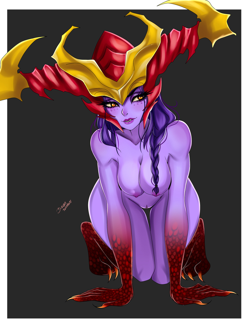 absurd_res all_fours animal_humanoid areola armor bent_over blush breasts claws dragon dragon_humanoid female genitals grey_background hair headgear helmet hi_res humanoid lips long_hair looking_aside mostly_nude nipples nude purple_body purple_hair purple_lips purple_skin pussy scales shyvana simple_background solo tutifruti_(artist) wide_hips yellow_eyes