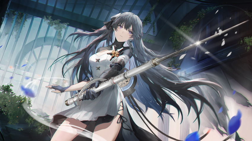 1girl absurdres accessories bangs black_hair blade blue_hair breasts curtains curvy dress earrings eyebrows_visible_through_hair fingerless_gloves flute garden gloves hair_ornament highres holding holding_instrument holding_weapon instrument jewelry light_rays long_hair looking_away mada_(shizhou) mecha_musume medium_breasts multicolored_hair official_style ornament petals pillar punishing:_gray_raven purple_eyes selena_(punishing:_gray_raven) shiny short_sleeves tree weapon