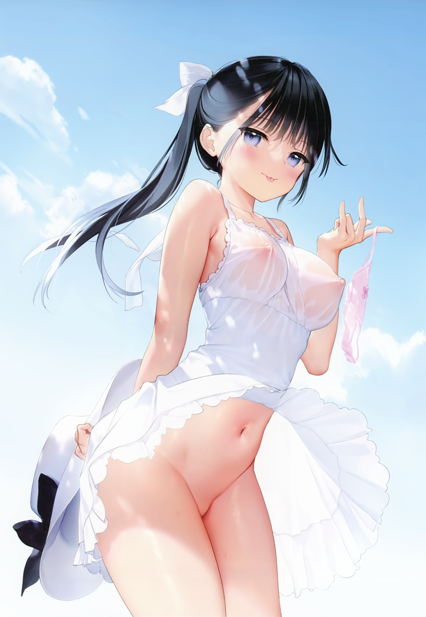 1girl :p absurdres arm_behind_back armpit_crease bangs bar_censor bare_arms bare_shoulders black_hair blue_eyes blue_sky blush bow bow_panties breasts breasts_out censored closed_mouth clothes_lift clothes_pull cloud cloudy_sky collarbone contrapposto covered_nipples cowboy_shot day dress dress_lift dress_pull eyebrows_visible_through_hair groin hair_ribbon hat hat_removed hat_ribbon headwear_removed highres holding holding_clothes holding_hat holding_panties holding_underwear legs_together long_hair looking_at_viewer medium_breasts mignon mole mole_on_cheek navel nipples no_panties nose_blush original outdoors panties panties_removed pink_bow pink_panties ponytail pussy pussy_juice ribbon see-through sky smile solo spaghetti_strap standing stomach summer sundress sweat tongue tongue_out underwear upskirt white_dress white_headwear white_ribbon wind wind_lift