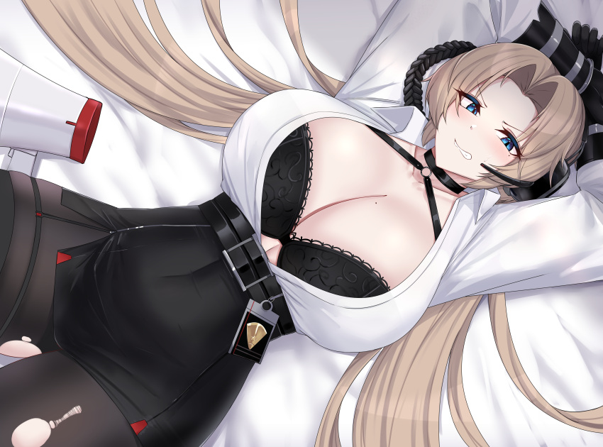 1girl absurdres arms_up azur_lane bangs bed_sheet belt black_belt black_bra black_choker black_gloves black_legwear black_skirt blonde_hair blue_eyes bra breasts choker cleavage collarbone collared_shirt covered_navel cowboy_shot cuffed cuffs dutch_angle elbow_gloves english_commentary gloves grimace handcuffs headset high-waist_skirt highres impossible_hair kanta_(kanta_077) kronshtadt_(azur_lane) kronshtadt_(begin_the_rush!)_(azur_lane) large_breasts long_hair long_sleeves looking_at_viewer megaphone mole mole_on_breast official_alternate_costume pantyhose parted_bangs partially_unbuttoned pencil_skirt shadow shirt sidelocks skindentation skirt solo teeth torn_clothes torn_legwear underwear very_long_hair white_shirt