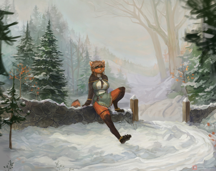 2022 anthro barefoot breasts brown_body brown_fur brown_hair cape clothing day detailed_background devergilia facial_markings feet female fur green_eyes hair head_markings hi_res leg_markings looking_at_viewer mammal markings mask_(marking) outside plant procyonid raccoon runa_ravnsdal sitting smile snow snow_on_trees socks_(marking) solo stone_work tree