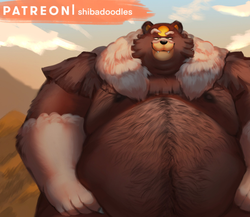 2022 absurd_res anthro belly big_belly black_nose brown_body brown_fur cute_fangs detailed_background fur hi_res humanoid_hands male moobs nintendo nipples obese obese_male outside overweight overweight_male pok&eacute;mon pok&eacute;mon_(species) shibadoodles solo ursaluna video_games