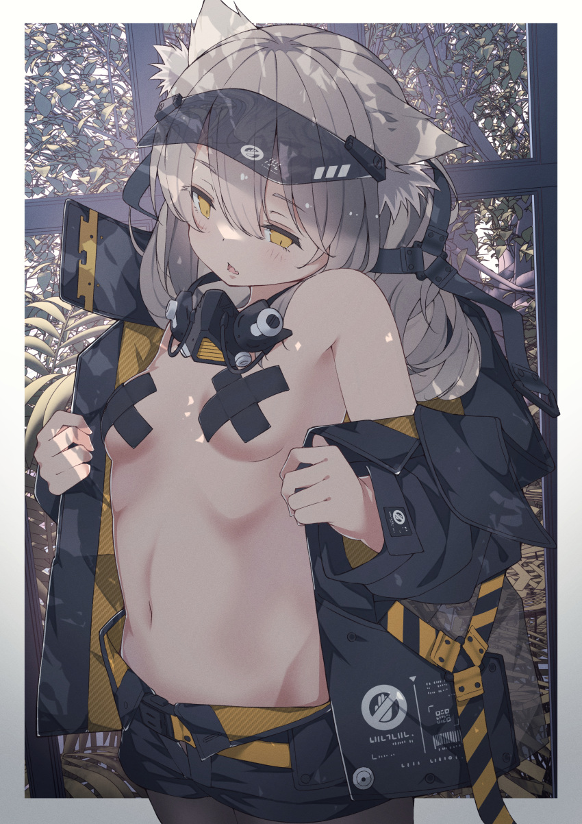 1girl absurdres animal_ears breasts grey_hair highres hoji_(hooooooooji1029) long_hair mask mask_removed medium_breasts navel open_mouth original