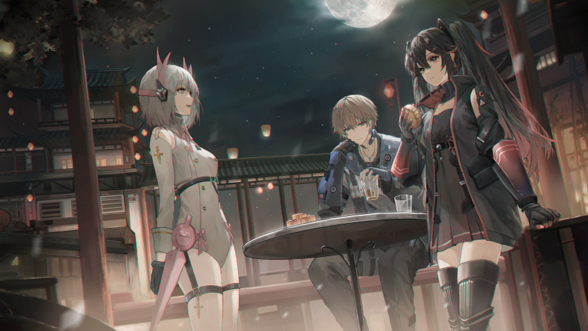 1boy 2girls absurdres accessories arms_behind_back bangs black_hair blonde_hair blue_eyes branch breasts cloud cloudy_sky cup dress fingerless_gloves food gloves grey_hair hair_between_eyes hair_ornament hallway hand_on_own_face headphones highres holding holding_cup holding_food house jacket jewelry lantern lee_(punishing:_gray_raven) leotard light_smile liv_(punishing:_gray_raven) long_hair long_sleeves looking_at_another looking_at_viewer lucia_(punishing:_gray_raven) mada_(shizhou) mecha_musume moon moonlight multicolored_hair multiple_girls necklace official_style open_mouth ornament pillar pink_eyes punishing:_gray_raven red_eyes red_hair rooftop short_hair sitting sky small_breasts strap table twintails
