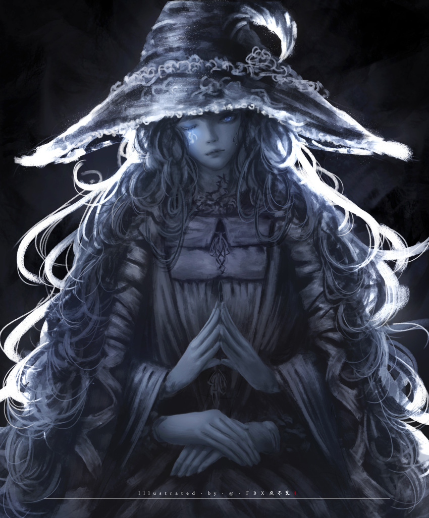 1girl absurdres blue_eyes blue_skin colored_skin cowboy_shot elden_ring extra_arms fengbuxiao fingers_together hat highres lips looking_at_viewer one_eye_closed ranni_the_witch sitting solo spot_color witch witch_hat