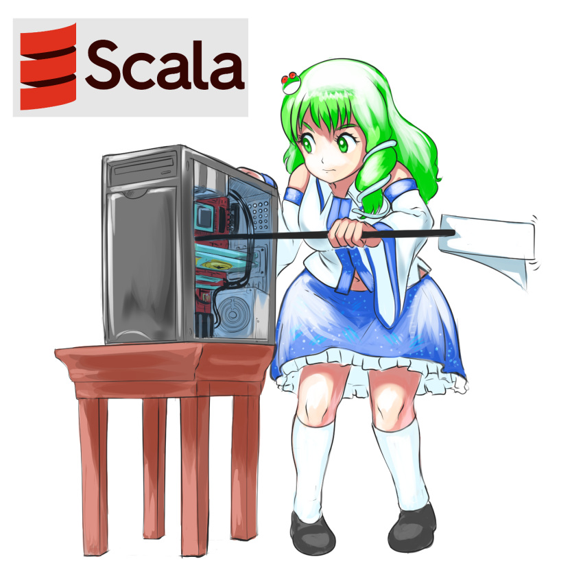 1girl black_footwear blue_dress collared_shirt computer detached_sleeves dress frilled_skirt frills frog_hair_ornament gohei green_eyes green_hair hair_ornament highres kochiya_sanae long_hair motherboard navel nontraditional_miko profitshame programming_(topic) serious shirt skirt sleeveless sleeveless_shirt snake_hair_ornament solo technology touhou white_background white_legwear white_shirt