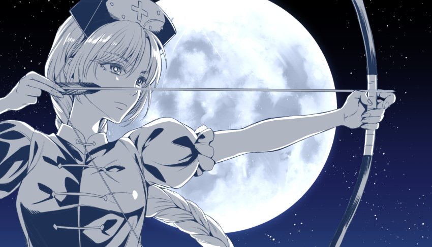 1girl aiming arrow_(projectile) bow bow_(weapon) braid braided_ponytail closed_mouth collared_dress commentary cross dress eyebrows_visible_through_hair full_moon hat holding holding_bow kyuu_umi light_frown long_hair looking_afar monochrome moon nurse_cap ponytail puffy_short_sleeves puffy_sleeves short_sleeves sky solo star_(sky) starry_sky touhou upper_body very_long_hair weapon yagokoro_eirin