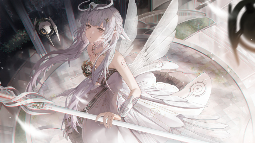 1girl absurdres accessories bangs bare_shoulders blurry blurry_background breasts brown_eyes detached_sleeves dress drone eyebrows_visible_through_hair garden hair_ornament halo highres holding holding_staff jewelry liv_(punishing:_gray_raven) long_hair looking_at_viewer mada_(shizhou) mecha_musume mechanical_halo mechanical_wings necklace pillar punishing:_gray_raven robot small_breasts staff stairs tattoo tree very_long_hair white_dress white_hair white_wings wings