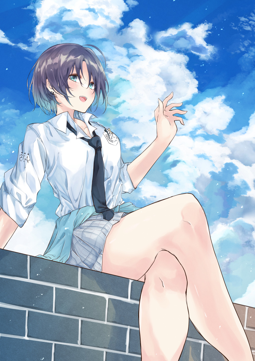 1girl absurdres ahoge aqua_eyes asakura_tooru bare_legs black_hair black_neckwear blue_hair blue_jacket blue_sky clothes_around_waist cloud cloudy_sky commentary_request crossed_legs day earrings gradient_hair grey_skirt highres idolmaster idolmaster_shiny_colors jacket jacket_around_waist jewelry looking_at_viewer loose_necktie miniskirt multicolored_hair necktie outdoors plaid plaid_skirt scanning school_uniform shirt short_hair sitting sitting_on_object skirt sky solo thighs white_shirt