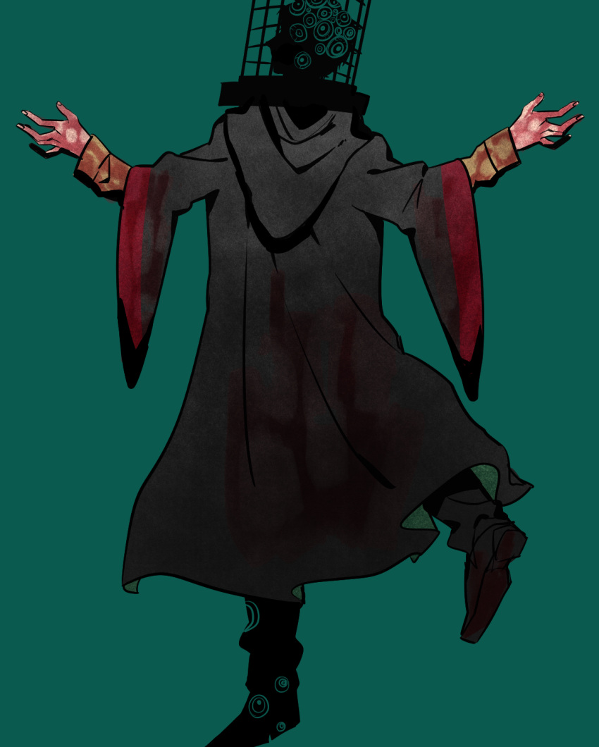 1boy black_cloak black_footwear blood blood_on_clothes blood_on_hands bloodborne boots cage cloak commentary_request from_behind green_background hands_up highres hood hood_down hooded_cloak kureson_(hayama_baa) layered_sleeves leg_up long_sleeves male_focus mensis_cage micolash_host_of_the_nightmare short_hair simple_background solo standing standing_on_one_leg wide_sleeves