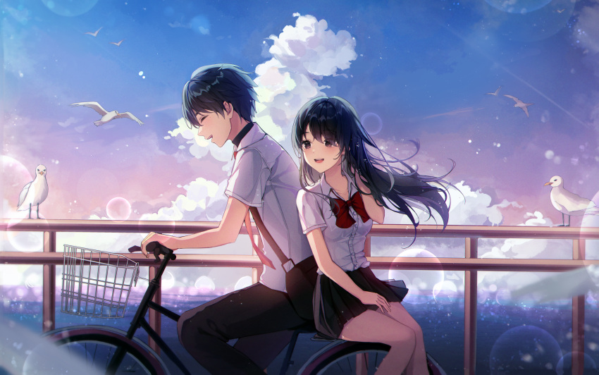 1boy 1girl :d absurdres bare_legs bird black_hair black_pants black_skirt bow bowtie brown_eyes closed_eyes collared_shirt cumulonimbus_cloud day dress_shirt eunyoo floating_hair hand_in_hair highres lens_flare long_hair miniskirt necktie open_mouth original outdoors pants pleated_skirt profile red_bow red_bowtie red_necktie riding_bicycle school_uniform shirt short_hair short_sleeves skirt sky smile straight_hair white_shirt wing_collar