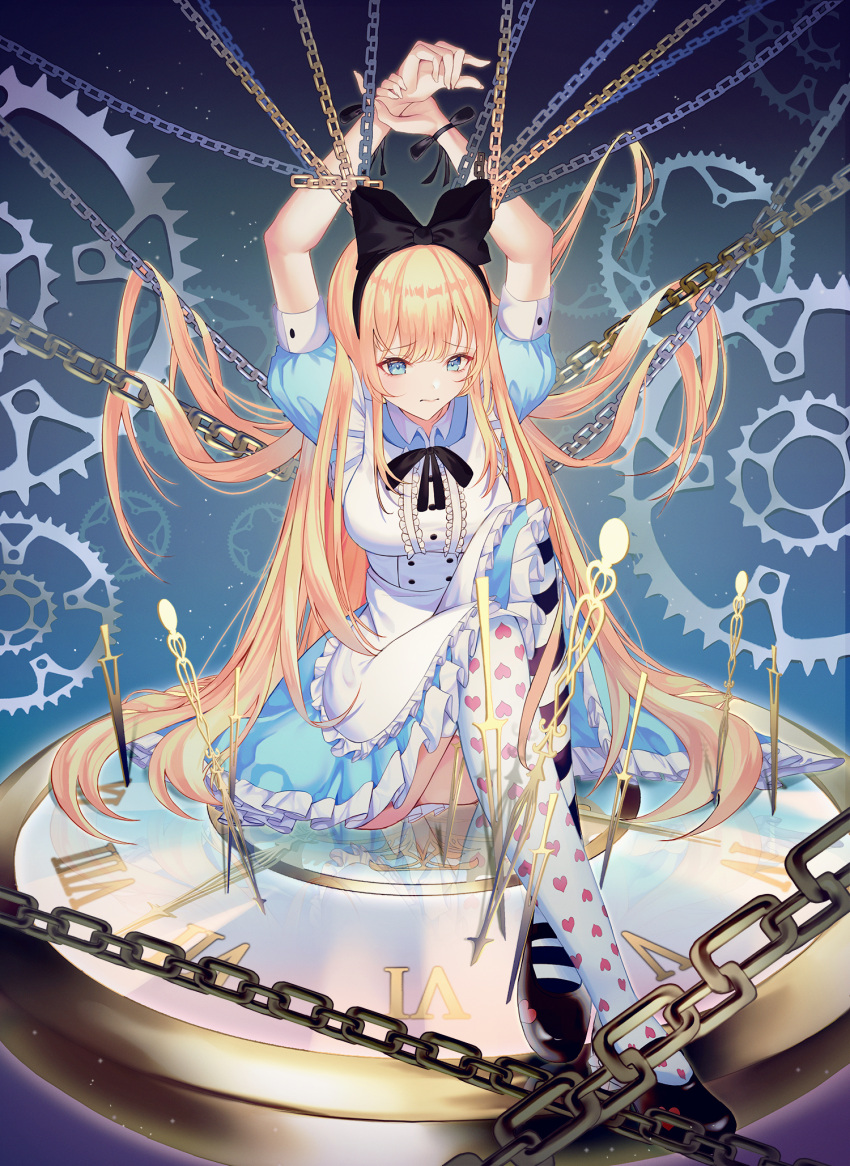 1girl alice_(alice_in_wonderland) alice_in_wonderland apron arms_behind_head arms_up asymmetrical_legwear bangs black_bow black_footwear black_ribbon blanc_(blanc97) blonde_hair blue_dress blue_eyes bound bound_wrists bow breasts buttons chain closed_mouth double-breasted dress english_commentary eyebrows_visible_through_hair frilled_apron frills frown gears hair_bow highres juliet_sleeves knees_up large_breasts long_hair long_sleeves mary_janes neck_ribbon patterned_legwear pocket_watch puffy_short_sleeves puffy_sleeves reflection ribbon shiny_footwear shoes short_sleeves sidelocks solo striped striped_legwear thighhighs very_long_hair waist_apron watch wavy_mouth white_apron