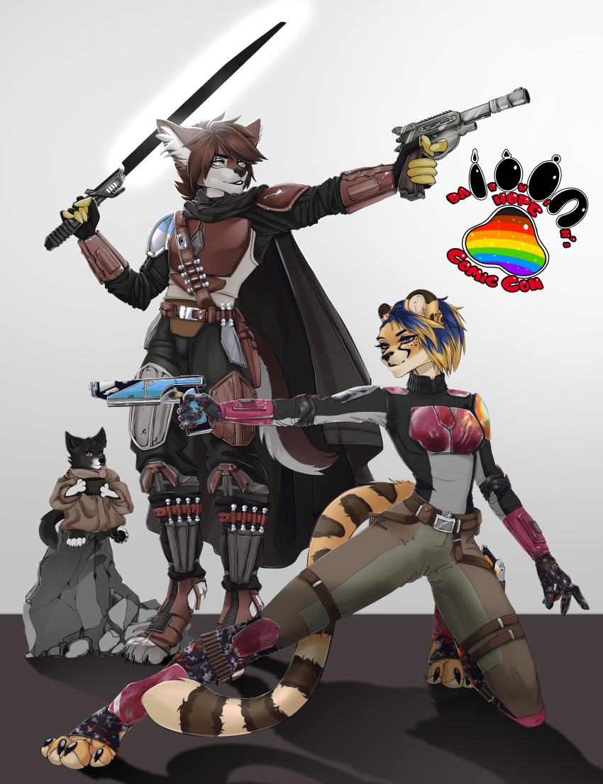 absurd_res anthro armor balto_star blasters canid canine canis cheetah cosplay duo felid feline female hi_res invalid_tag male mammal mandalorian mandalorian_armor nikki_kofi ruusen sabine_wren sfw star_wars teenager wolf young