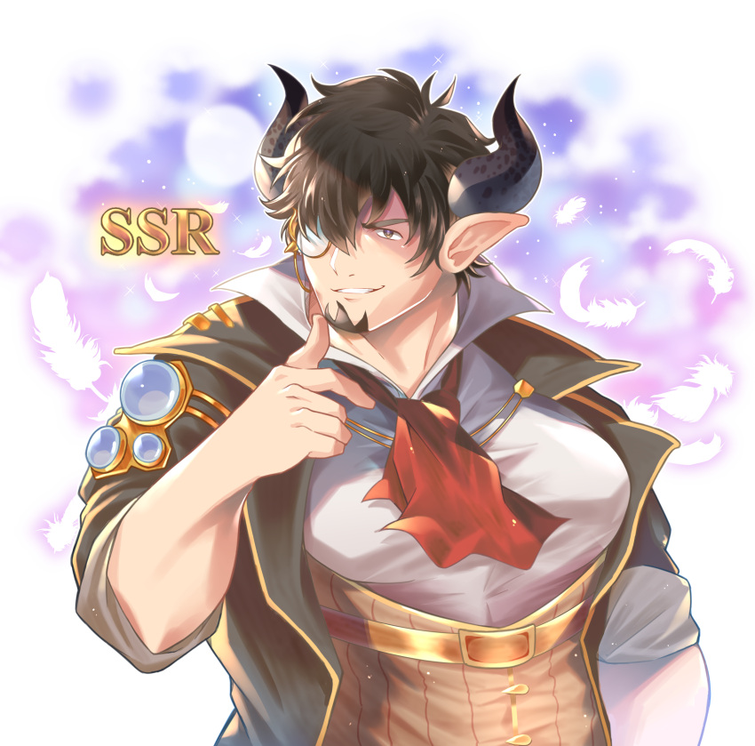 1boy absurdres bangs bara barawa black_hair black_jacket brown_eyes collared_shirt cow_boy cow_horns draph facial_hair falling_feathers feathers goatee granblue_fantasy highres horns jacket male_focus monocle muscular muscular_male open_clothes open_jacket osu(statatatatatata) pectorals pointy_ears shirt short_hair sleeves_rolled_up smile solo upper_body white_shirt