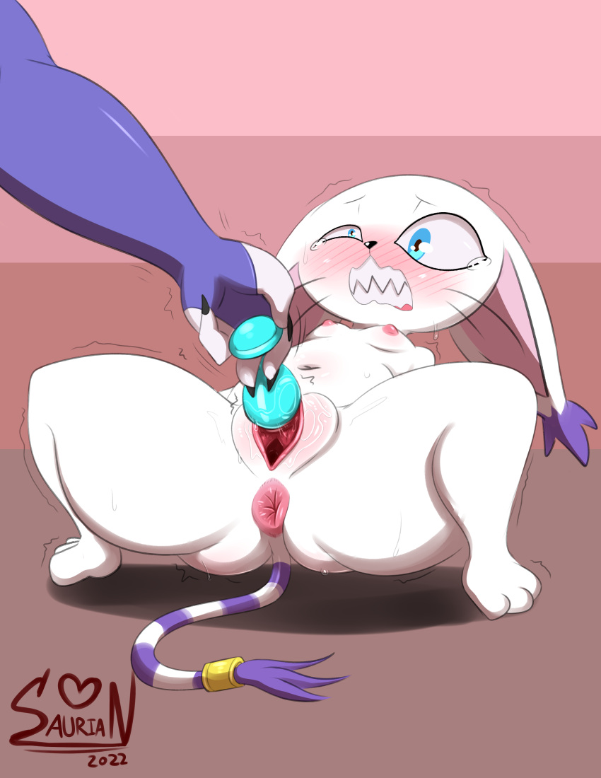 absurd_res anthro anus bandai_namco breasts digimon digimon_(species) female fur gatomon genitals hi_res penetration purple_body purple_fur pussy saurian_(artist) sex_toy small_breasts spread_legs spreading thick_thighs urethral urethral_penetration