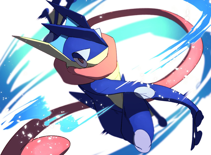 blurry bright_pupils greninja highres morio_(poke_orio) motion_blur pink_eyes pokemon pokemon_(creature) solo toes tongue tongue_scarf white_background white_pupils