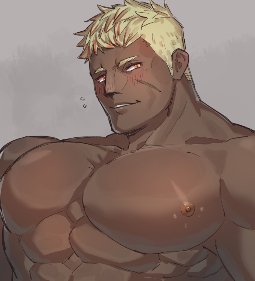 1boy abs avatar_(ff14) bara blonde_hair blush final_fantasy final_fantasy_xiv flying_sweatdrops highres large_pectorals looking_at_viewer male_focus mature_male muscular muscular_male nipples nude pectoral_focus pectorals roegadyn scar scar_on_cheek scar_on_face short_hair sideburns solo uori upper_body