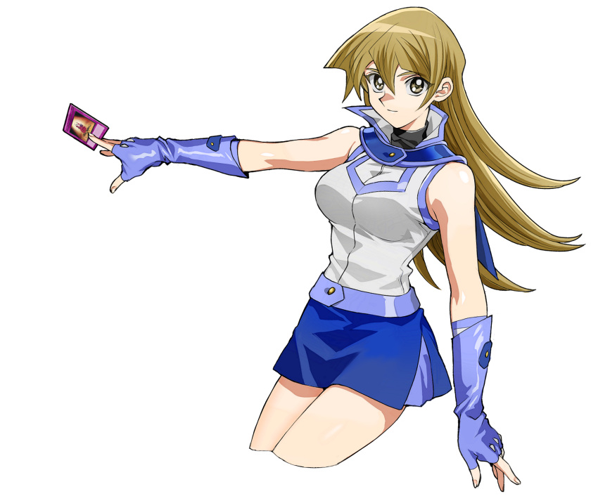 1girl 203wolves bangs blue_gloves blue_skirt breasts brown_eyes brown_hair card closed_mouth cropped_legs duel_academy_uniform_(yu-gi-oh!_gx) fingerless_gloves gloves hair_between_eyes highres holding holding_card jacket long_hair looking_at_viewer medium_breasts miniskirt shiny shiny_hair simple_background skirt sleeveless sleeveless_jacket solo straight_hair tenjouin_asuka white_background white_jacket yu-gi-oh! yu-gi-oh!_gx