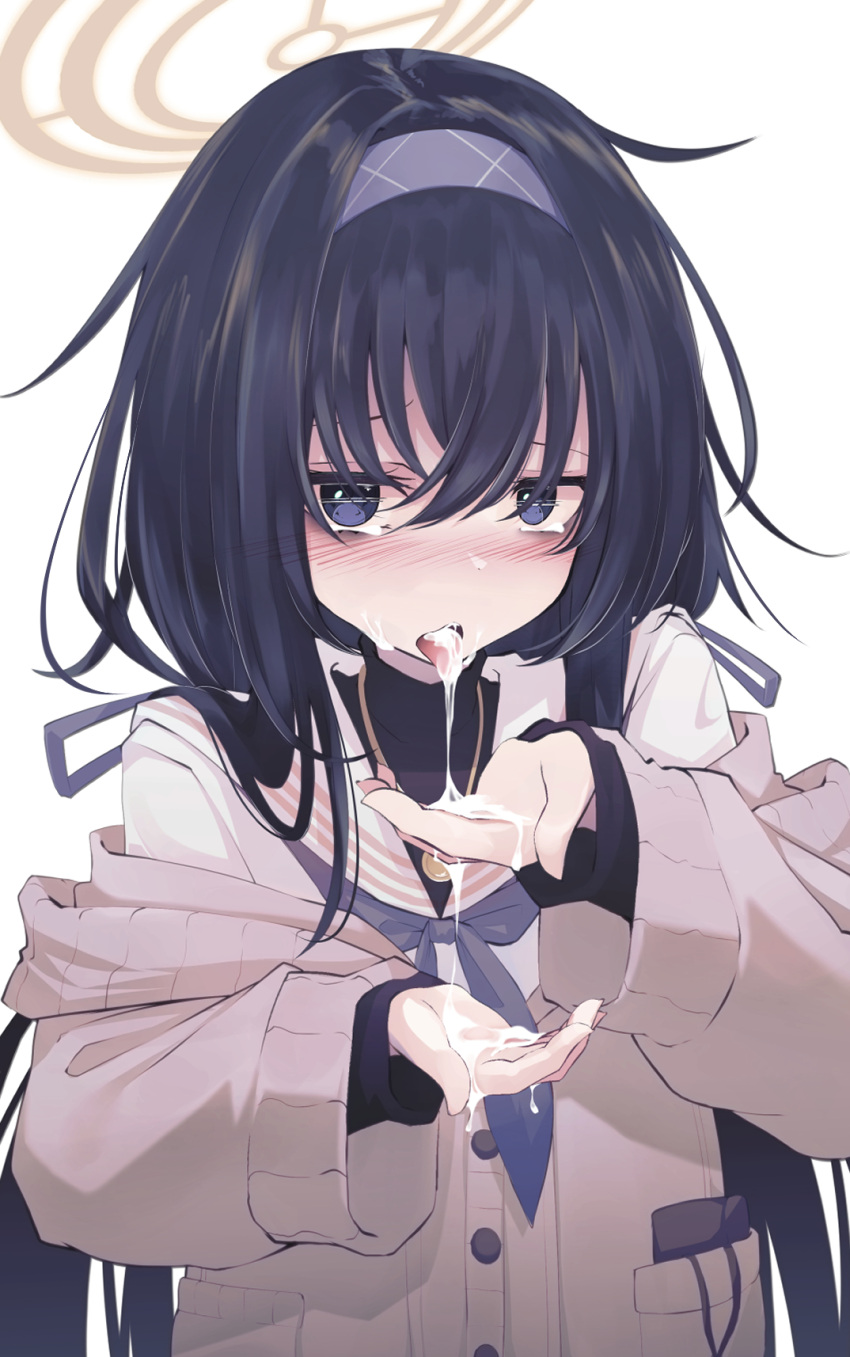 1girl bangs blue_archive blue_eyes blue_hairband blue_neckerchief blue_ribbon blush cardigan commentary_request cum cum_in_mouth hair_between_eyes hairband halo highres jewelry long_hair looking_at_viewer neckerchief necklace nose_blush open_mouth ribbon sailor_collar school_uniform serafuku simple_background solo su_ha_ya tears tongue tongue_out twintails ui_(blue_archive) very_long_hair white_background white_sailor_collar