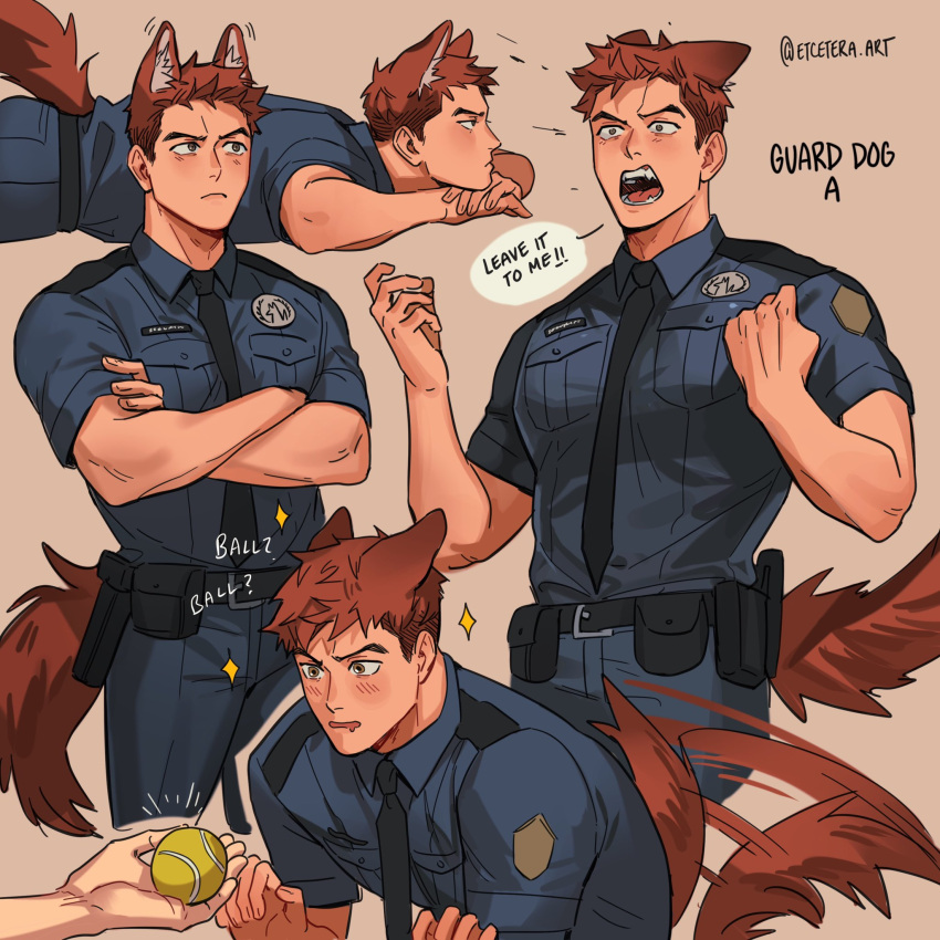 1boy animal_ears artist_name ball bara belt blush brown_eyes dog_ears dog_tail etceteraart fangs highres lying male_focus muscular muscular_male necktie original pectorals police police_uniform policeman red_hair solo sparkle speech_bubble tail tail_wagging tennis_ball text_focus uniform