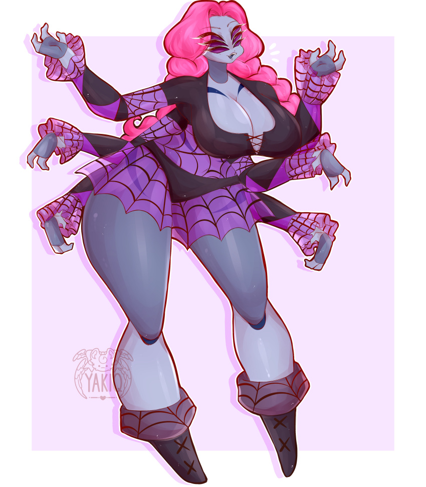 6_arms 6_eyes absurd_res animal_humanoid arachnid arachnid_humanoid arthropod arthropod_humanoid arthropod_webbing big_breasts bottomwear braided_hair braided_pigtails breasts cleavage clothed clothing curvy_figure fangs female frilly frilly_clothing hair hi_res humanoid multi_arm multi_eye multi_limb open_mouth open_smile pink_hair simple_background skirt smile solo spider taffeta_silkin translucent translucent_bottomwear translucent_clothing translucent_skirt voluptuous watermark white_background yakiq