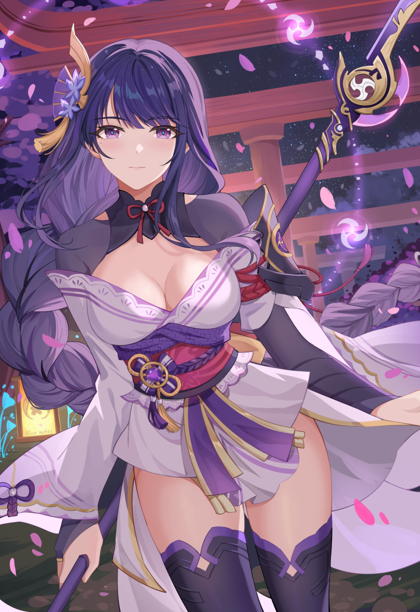 1girl armor bangs braid braided_ponytail breasts bridal_gauntlets cleavage closed_mouth cowboy_shot dutch_angle engulfing_lightning_(genshin_impact) eyebrows_visible_through_hair falling_petals genshin_impact highres holding holding_polearm holding_weapon japanese_clothes kimono large_breasts lixiang_guo_alice long_hair looking_at_viewer mole mole_under_eye night night_sky obijime off_shoulder petals polearm purple_eyes purple_hair purple_kimono purple_legwear raiden_shogun sash shoulder_armor sky solo thighhighs torii vision_(genshin_impact) weapon