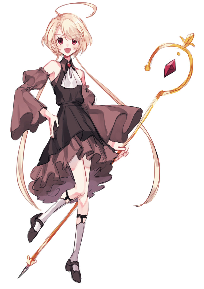 1girl absurdres black_dress blonde_hair deily_(koyashaka) detached_sleeves dress flat_chest full_body highres koyashaka long_hair lord_of_heroes low_twintails mage_staff multicolored_clothes multicolored_dress original purple_eyes red_dress shoes socks staff twintails white_background